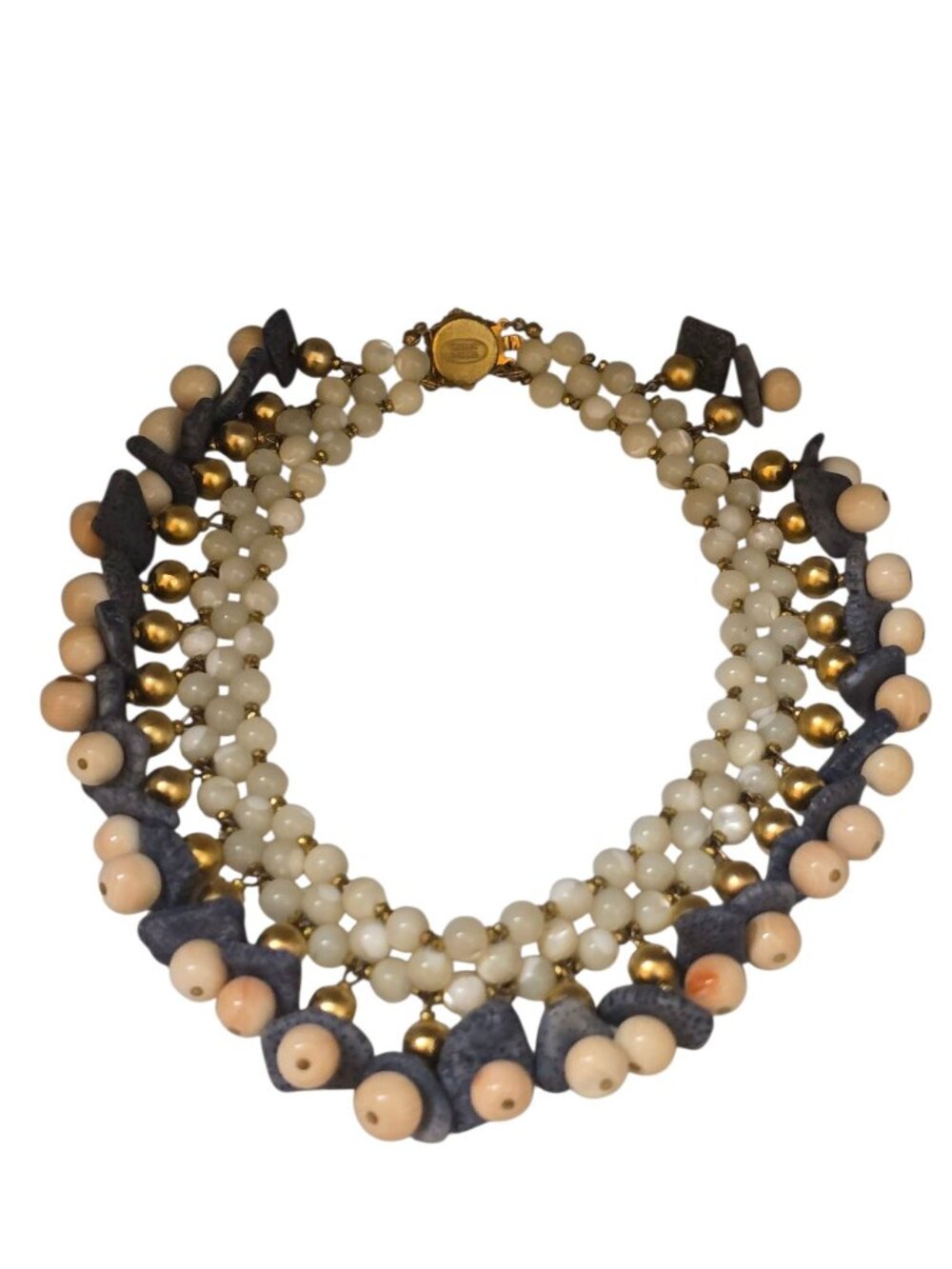 Vintage Signed Miriam Haskell Semi Precious and Glass Bib Necklace (A9320)